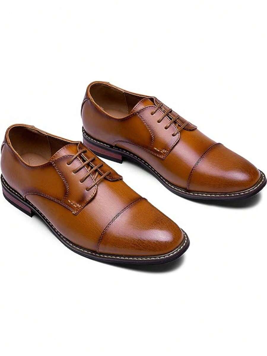 SHOESMALL Mens Dress Shoes Retro Plain Toe Business Casual Oxfords Dress Shoes for Men - AMY9003-拋光棕 - 查看 1