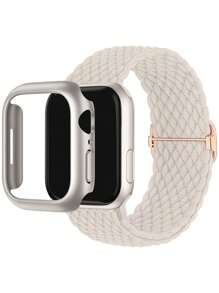 2 件套硬质 PC 保险杠外壳（无屏幕保护膜），防刮保护框架边缘和编织弹性单环，兼容 表带 38 毫米 40 毫米 41 毫米 42 毫米 44 毫米 45 毫米 46 毫米 49 毫米，男女通用，尼龙弹性表带兼容 Ultra 2、Series 11 10 9 8 7 6 SE 5 4 3 2 1