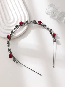 波西米亚风红玫瑰蝴蝶人造珍珠装饰发箍头饰金色头饰，发带，发箍发箍，黑色发饰头饰 - 黑色 - 查看 3