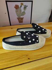 Zapatos Mules Negros Con Punta Encaje De Moda - Negro - Ver 3