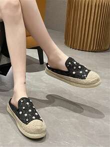 Zapatos Mules Negros Con Punta Encaje De Moda - Negro - Ver 2