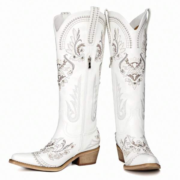 White Cowboy Boots Wide Calf Embroidered Cowgirl Boots Rhinestone