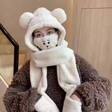 1入組秋天和冬天女性可愛絨毛熊耳朵連帽圍巾口罩三或者四套裝 - 白色 - 查看 1