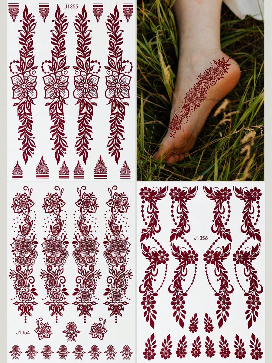 3 hojas de tatuajes temporales de flores color burdeos, tatuajes de moda para mujer, pegatinas de arte corporal resistente al agua para pies y manos - Marrón - Ver 1