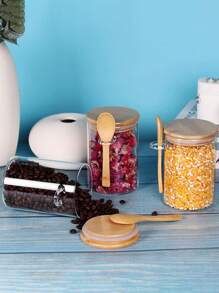 1Set Glass Jars With Bamboo Lids And Spoon Small Glass Sugar Container With Wooden Lids And Scoop Coffee Tea Jars For Loose Tea Coffee Bar Containers, Glass Bottle - Clear - View 2