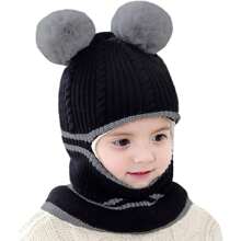 Sombrero de lana con bolas de lana acolchado y forrado térmico, versión coreana, bufanda cálida para niños y niñas, gorro de protección para invierno