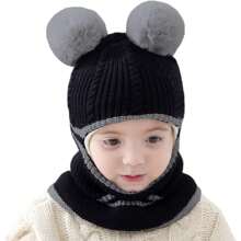 Sombrero de lana con bolas de lana acolchado y forrado térmico, versión coreana, bufanda cálida para niños y niñas, gorro de protección para invierno