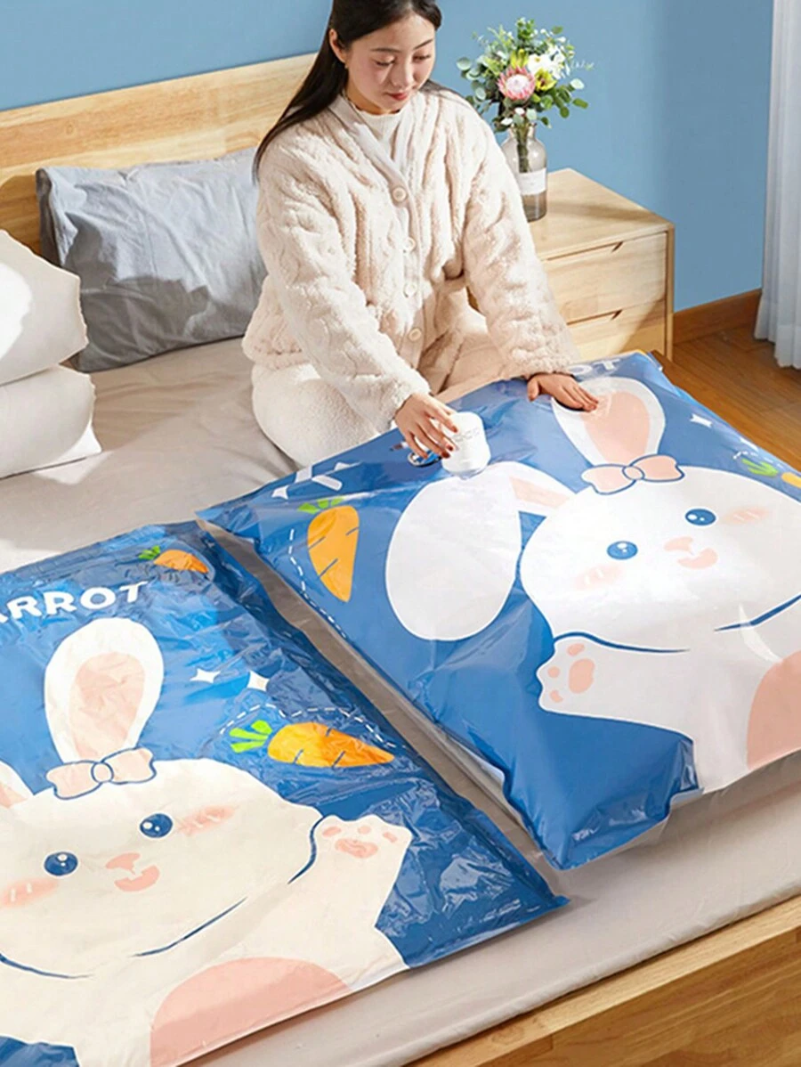 1PC Reusable Vacuum Storage Bag with Rabbit Cartoon for Travel Clothes Blankets Comforters Compression Space Saving Organizer - Blue - View 1