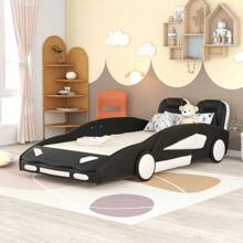 MERAX Twin Size Race Car-Shaped Platform Bed With Wheels - 黑色 - 查看 4