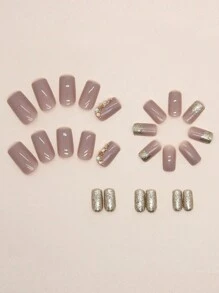 24 Pieces Of Press On Nails Short Square 3D Pattern Fingernails With 1 Nail Glue And 1 Nail File, Handmade Nails Nail Supplies Nails - Dusty Pink - View 3