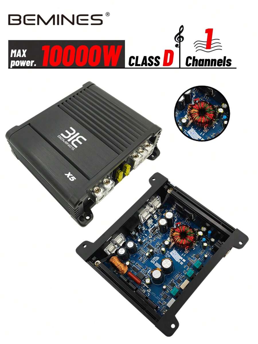 1pc Bemines X5 Car Amplifier, Black/White, Stereo, Heat Sink, Aluminum