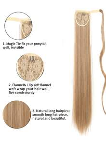 22-34英寸合成耐热直发抽绳马尾假发，黑棕色，女士环绕式马尾假发