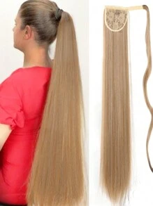 22-34英寸合成耐热直发抽绳马尾假发，黑棕色，女士环绕式马尾假发