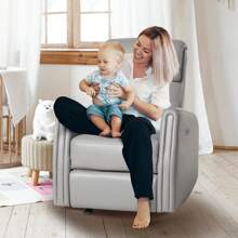 360° Swivel Glider Recliner Chair for Nursery, Manual Reclining Single Sofa with Retractable Footrest, PU Leather Rocking Armchair for Living Room/Bedroom - 電灰色 - 查看 2
