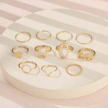 11pcs/set Gold-color Geometric Leaf Creative Design Ring Set, Suitable For Women's Daily Wear - Gold - View 6