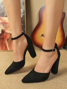 Women's Chunky Heel Pointed Toe Ankle Strap Elegant Party High Heel Shoes With Minimalist Design - Black - View 4