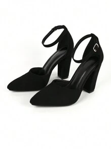 Women's Chunky Heel Pointed Toe Ankle Strap Elegant Party High Heel Shoes With Minimalist Design - Black - View 6