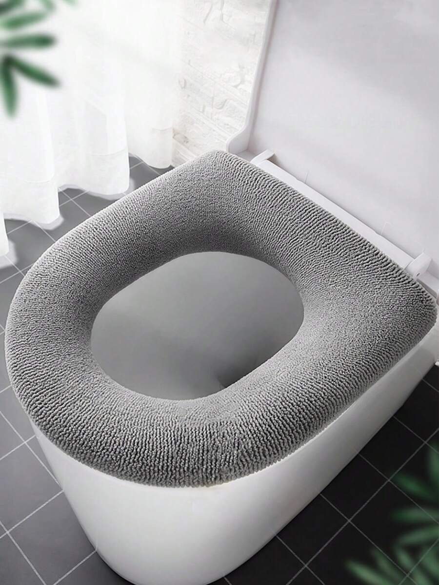 1pc Grey Plain Knitted Thickened Toilet Seat Cover Without Handle, Machine Washable And Non-shedding