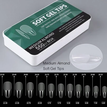 550 piezas de pegatinas de uñas de gel suave, 11 tamaños, forma de almendra media, pegatinas de uñas de cobertura completa, adecuadas para uñas de gel, extensión de uñas, uñas acrílicas, con caja de almacenamiento, para salón de uñas y arte de uñas DIY