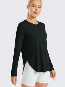 Camiseta Deportiva De Manga Larga Para Mujer Con Cuello Redondo Y Protección Solar Y Dobladillo Curvo Negra - Negro - Ver 1