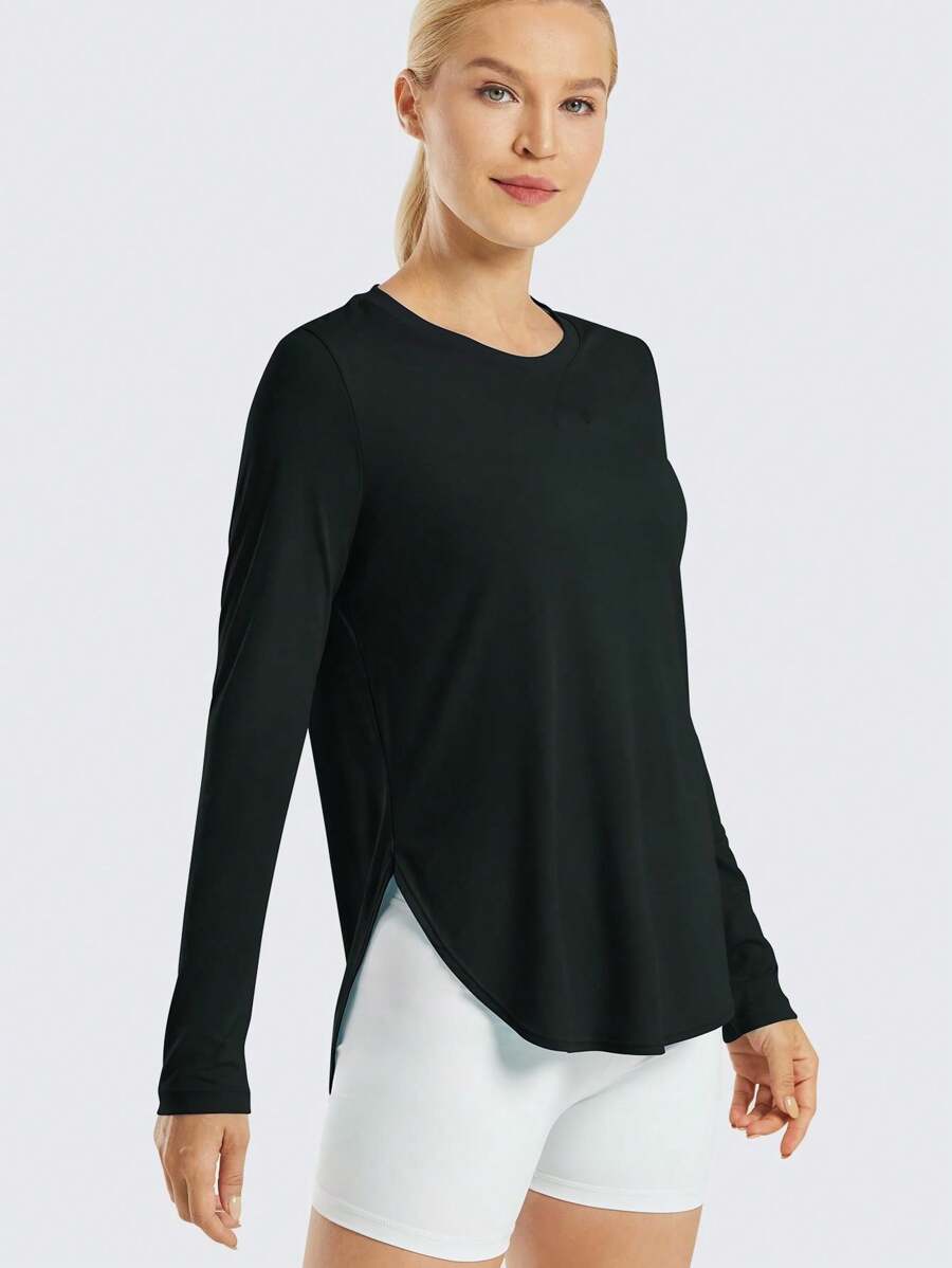 Camiseta Deportiva De Manga Larga Para Mujer Con Cuello Redondo Y Protección Solar Y Dobladillo Curvo Negra - Negro - Ver 1