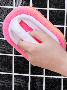 1pc Pink Upgrade Thickened Sponge Cleaning Brush With Handle For Wall & Tile Surface - Pink - View 6
