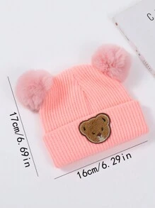 1pc Pink Warm Infant Toddler Beanie With Bear Ears And Double Pom Poms, Winter