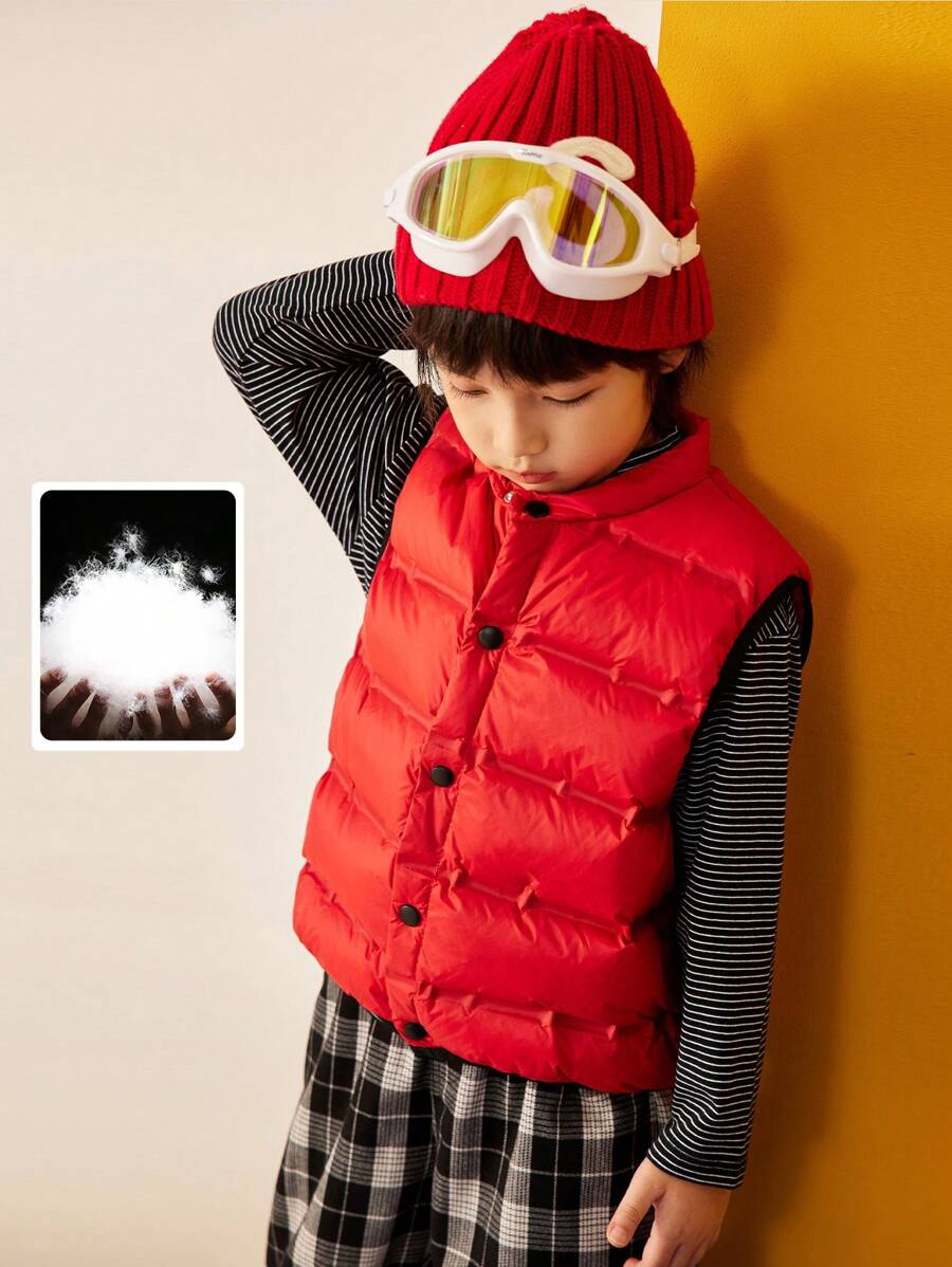 TIGER MINI [triple Protection Function] Tween Boys' Lightweight Red Down Vest For Daily Wear And Outdoor Activities In Autumn And Winter, Versatile Solid Color Design - Red - View 1