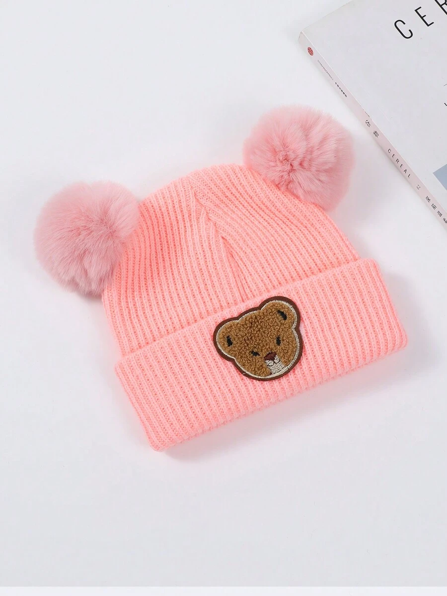 1pc Pink Warm Infant Toddler Beanie With Bear Ears And Double Pom Poms, Winter