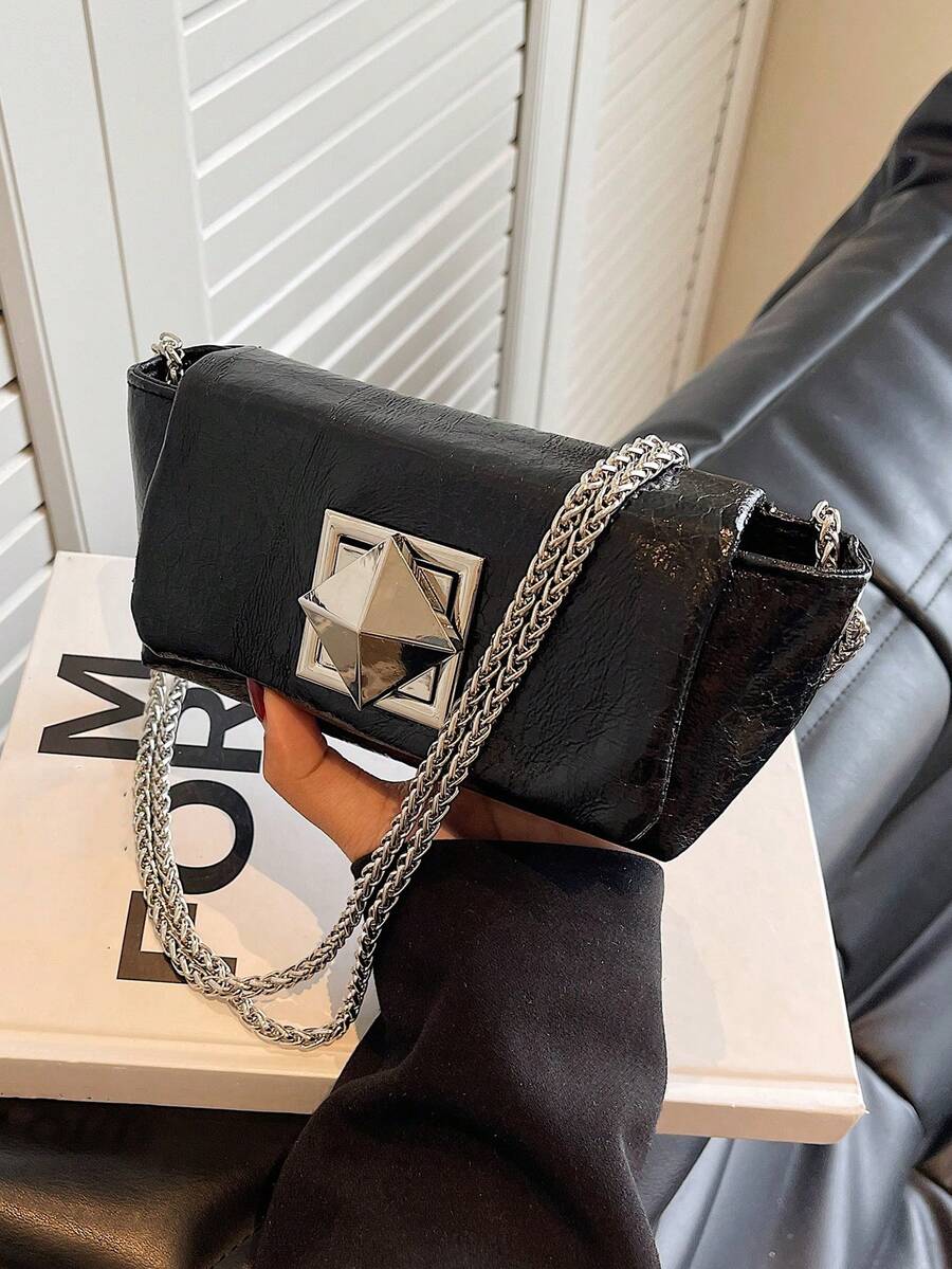 1PC Mini Black Shoulder Bag Flip Cover Twisted Chain Strap Bag Crossbody Bag PU Material - Black - View 1