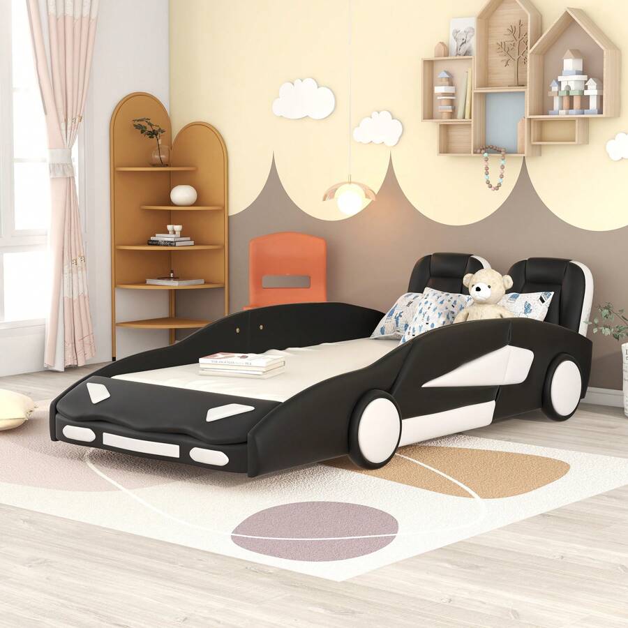 MERAX Twin Size Race Car-Shaped Platform Bed With Wheels - 黑色 - 查看 1