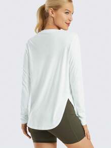 Women's Round Neck Sun-Blocking Long Sleeve Sports T-Shirt With Curved Hem Basic T Shirt - White - View 3