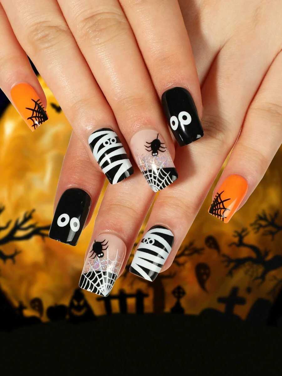 24 piezas Set Halloween araña & blanco negro telaraña & con dibujos animados globo ocular diseño falso uña , adecuado para fiestas , danza fiestas , con cada día desgaste - Multicolor - Ver 1