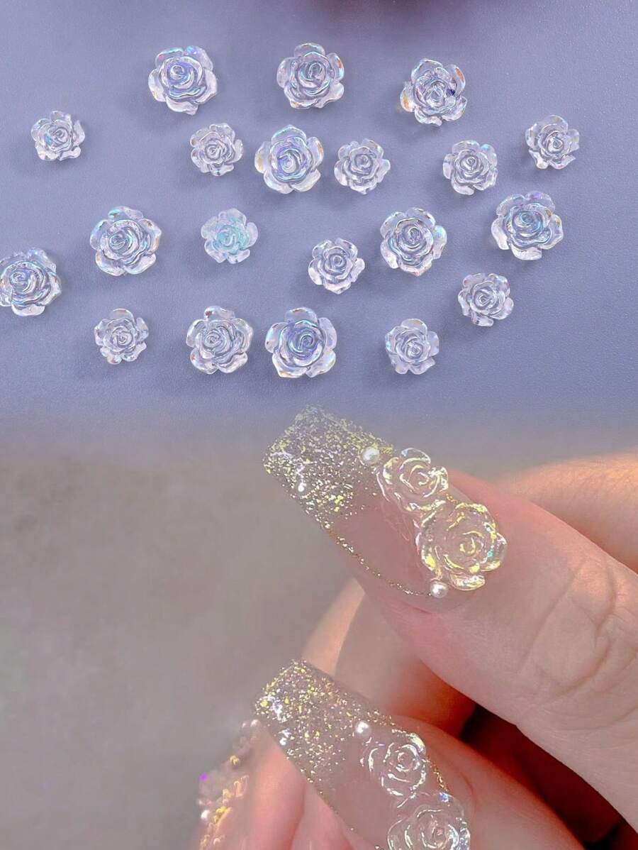 20pcs Aurora Borealis Rose Flower 3d Nail Art Decorations With 2 Sizes, Easy To Paste, Suitable For Wedding, Vacation, And Teenage Girls' Holiday Nails DIY Nail Charms Nail Gems Nail Supplies