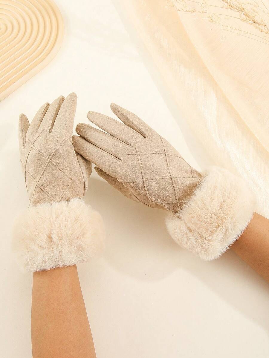 1 Paar Damen Beige Wildleder & thermisch gefütterte Touchscreen-kompatible Handschuhe mit Rautenmuster auf der Rückseite für modischen und warmen Look, geeignet für Herbst und Winter