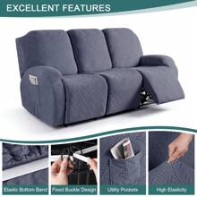Stretch Recliner Sofa Covers, Reclining Couch Covers With Pockets, Jacquard Reclining Sofa Covers Soft Washable Furniture Protector With Elastic Bottom - Grey - View 5