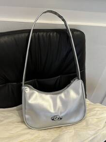 Fashionable Solid Color Simple Shoulder Bag - Silver - View 2