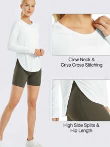 Women's Round Neck Sun-Blocking Long Sleeve Sports T-Shirt With Curved Hem Basic T Shirt - White - View 6