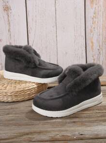 女士圆头保暖平底鞋，一脚蹬设计 - 灰色 - 查看 3