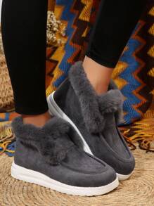 女士圆头保暖平底鞋，一脚蹬设计 - 灰色 - 查看 5