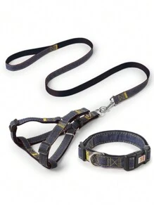 1入組多色牛仔布寵物胸帶套裝包括胸帶、項圈和牽繩,適合大、中、小型犬 - 黑色 - 查看 3