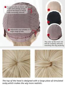 alicegarden 1 pieza de pelo sintético corto y rizado resistente al calor, 10 pulgadas de largo, hecho de fibra, adecuado para uso diario, pelucas sintéticas falsas naturales y realistas. - Dorado - Ver 5