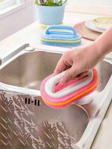 1pc Pink Upgrade Thickened Sponge Cleaning Brush With Handle For Wall & Tile Surface - Pink - View 3