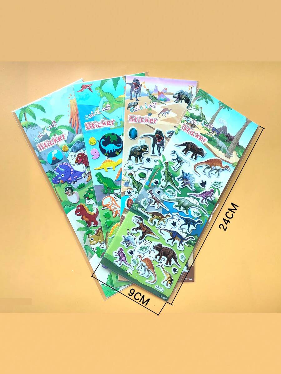 1set 4pcs Cartoon Dinosaur & Creative Food Puzzle Sticker, 3d Drawing & Coloring Early Education Sticker For Kids - Black - View 1
