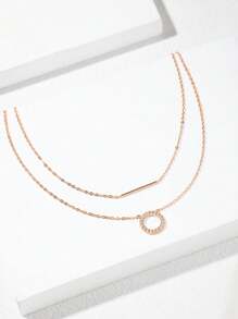 SYMFNY 925 Sterling Silver Rose Golden Color Round Open Circle Cubic Zirconia with Long Stick Bar Layered Necklace 1 pc