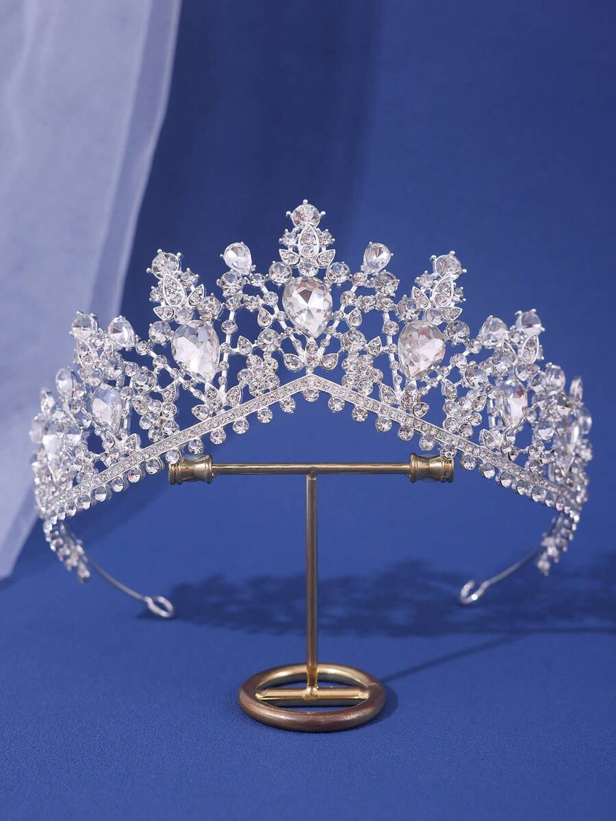 1pc Bridal Water Drop Rhinestone Crystal Elegant Crown, Suitable For Birthday, Wedding And Banquet - Silver - View 1