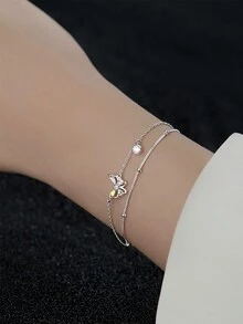 LEKANI 1 件 925 純銀手鍊,簡約獨特設計蝴蝶雙層手鍊,帶彩色鑽,時尚優雅,適合日常佩戴,送給女朋友、閨蜜的理想禮物 - 銀色 - 查看 3