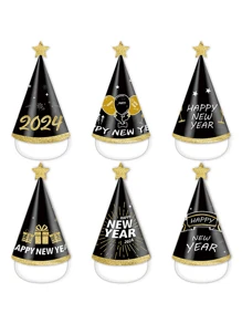 6pcs/set happy new year black paper hat party decoration photo prop hat Happy New Year theme - Black - View 1