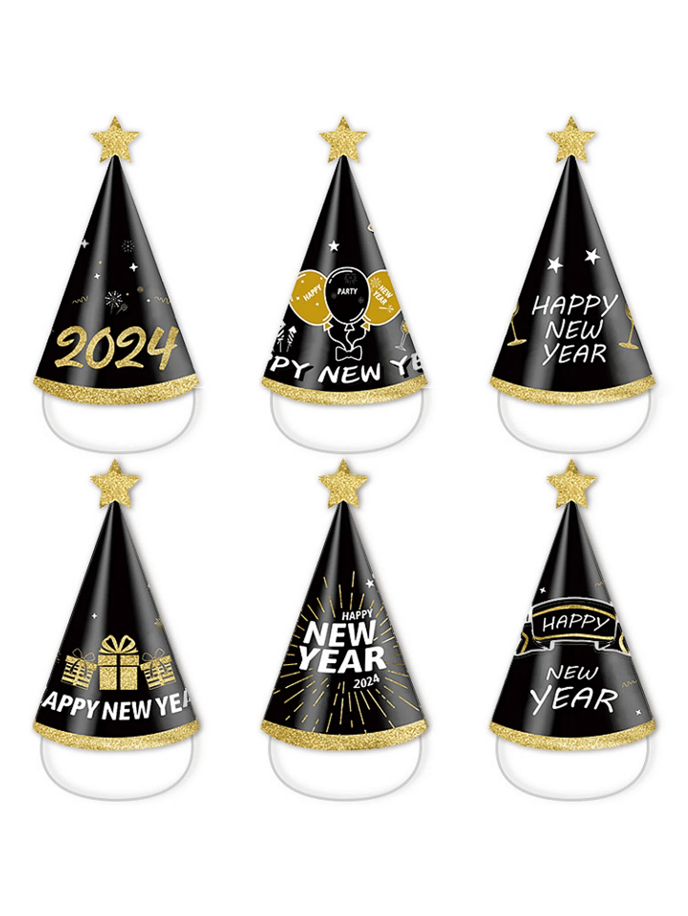 6pcs/set happy new year black paper hat party decoration photo prop hat Happy New Year theme - Black - View 1