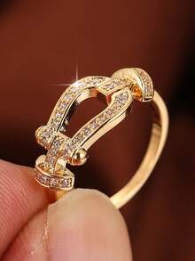 1 Pieza De Anillo De Hebilla En Forma De Herradura Con Diseño De Moda De Lujo En Forma De U Para Mujeres, Joyería De Fiesta Y Boda - Dorado - Ver 4
